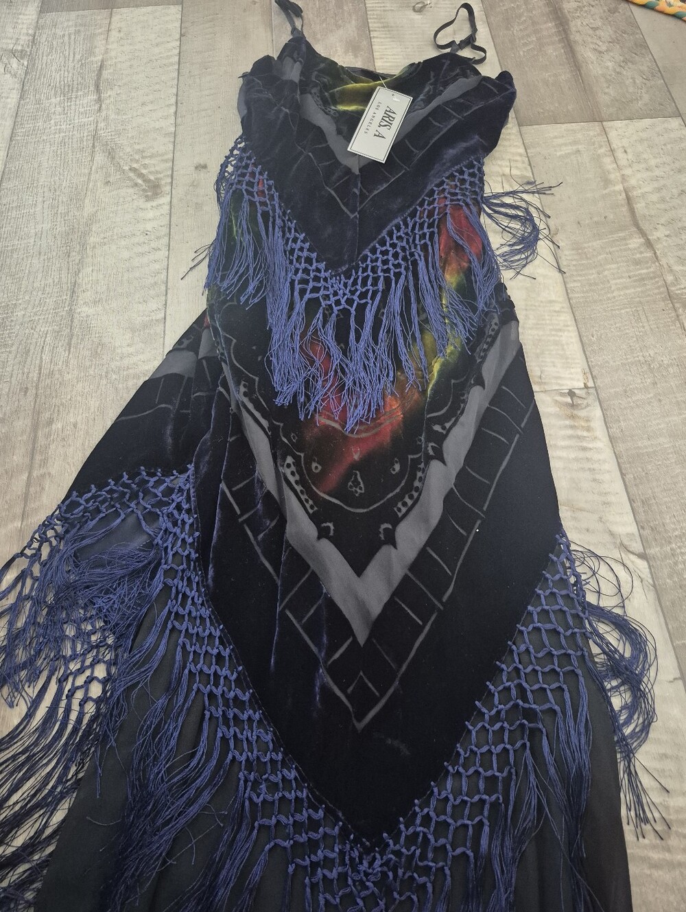 Aris A. Slip Dress Maxi Velvet Fringe Burnout 70%Silk Vintage Y2K Deadstock NWT